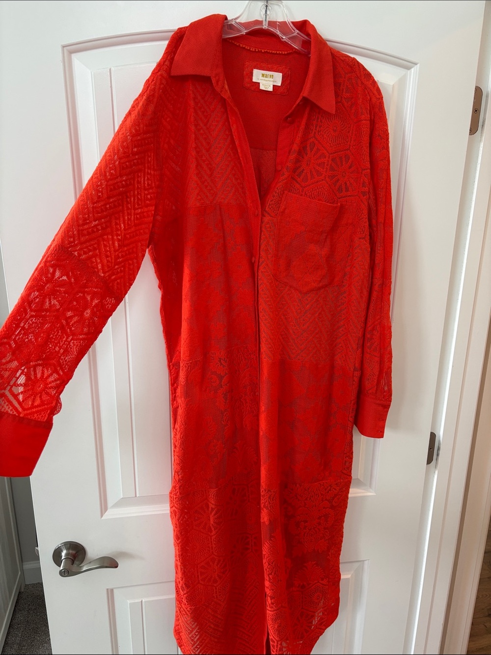 Anthropologie Red Lace Long-Sleeve Shirt Dress